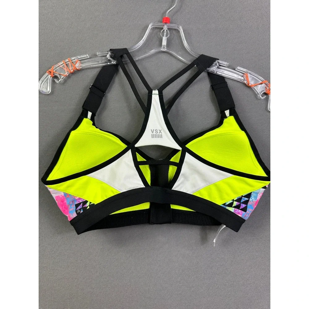 VSX Victoria's Secret‎ Neon Yellow Front Zip Racerback Sports Bra Geometric 34B